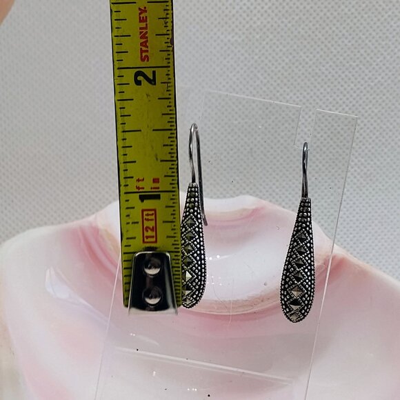 Vtg Art Deco Marcasite Sterling Silver Signed 925 A Teardrop Dangle Earrings - Picture 4 of 6